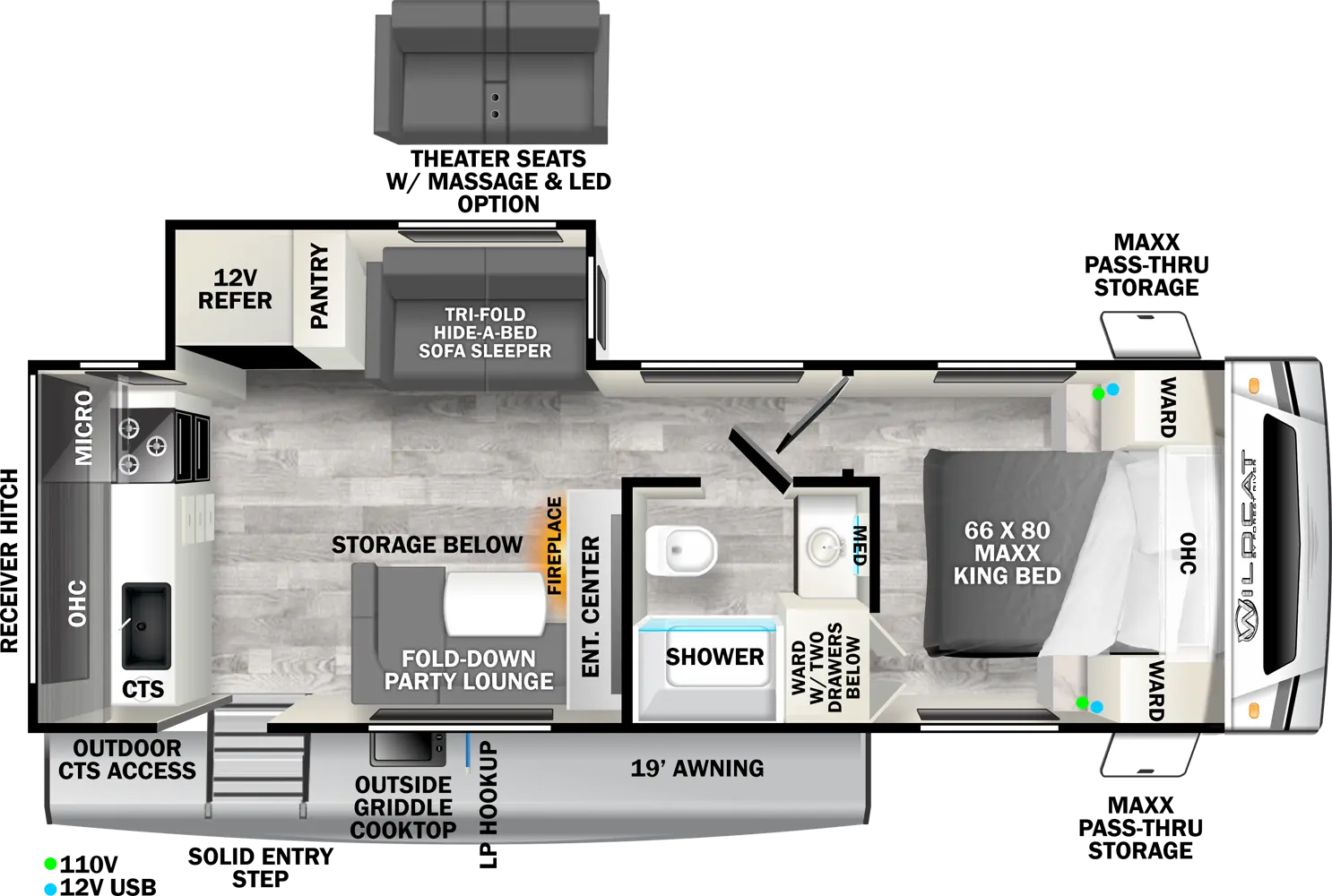 The 248RKX has one slideout and one entry. Exterior features front MAXX pass-thru storage, 19 foot awning, LP hookup, outside griddle cooktop, solid step entry, and rear receiver hitch. Interior layout front to back: foot-facing MAXX king bed with overhead cabinet, wardrobes on each side, and door side wardrobe with two drawers; door side full bathroom with medicine cabinet; off-door side slideout with tri-fold hide-a-bed sofa sleeper (theater seat with massage and LED optional), pantry, and 12 volt refrigerator; entertainment center with fireplace below along inner wall; door side fold-down party lounge with storage below, and entry; rear kitchen with CTS, sink, overhead cabinet, microwave, and cooktop.